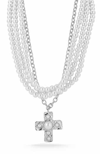 SPHERA MILANO Set of 2 Faux Pearl Cross Pendant Layered Necklaces