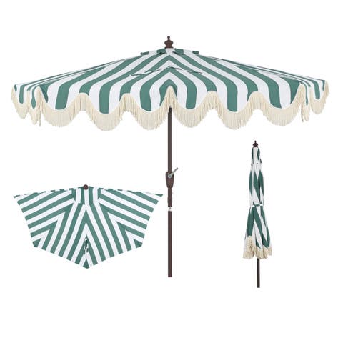 Beverly 9 ft. Designer Classic Scalloped Fringe Half Market Patio Umbrella with Crank, Push Button Tilt and UV Protection