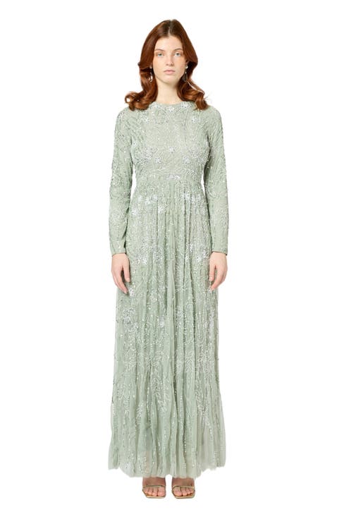 Occasion Modest Embellished Sequin Beaded Floral High Neck Evening Gown