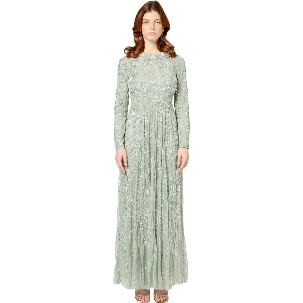 MARYISA Occasion Modest Embellished Sequin Beaded Floral High Neck Evening Gown in Sage Green  product