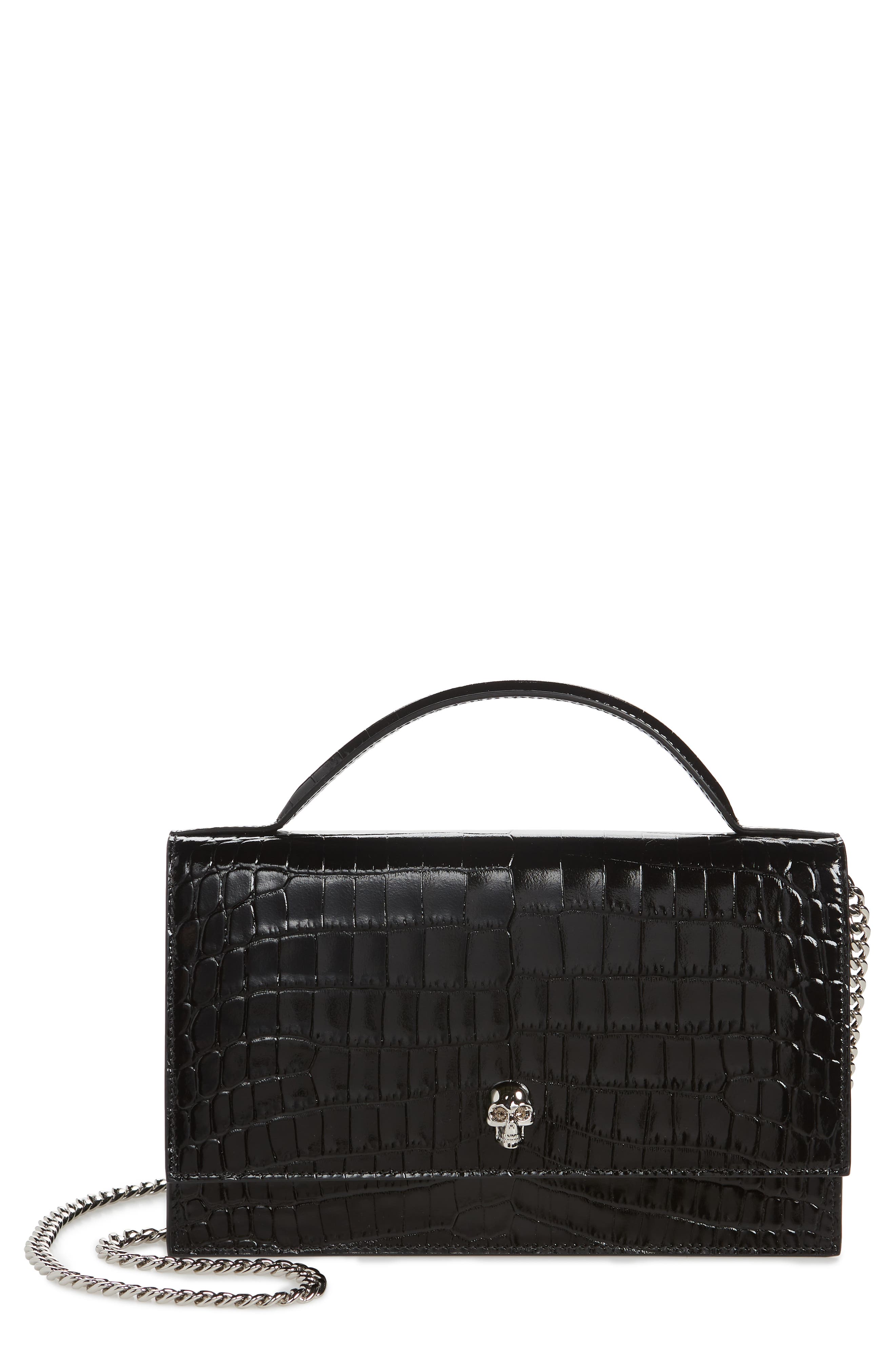 McQueen Medium Skull Croc Embossed Leather Top Handle Bag, Main, color, 1000 Black