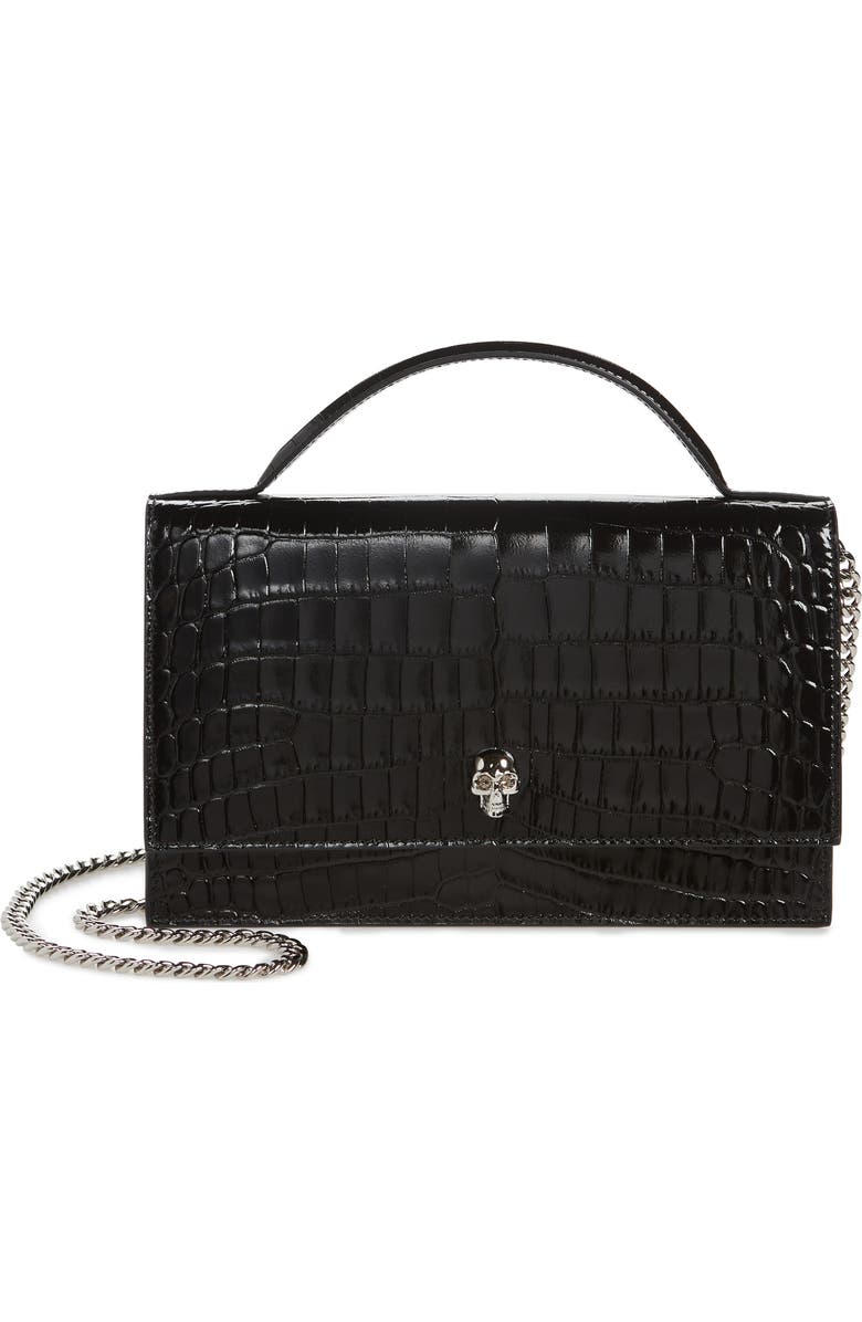 McQueen Medium Skull Croc Embossed Leather Top Handle Bag, Main, color, 1000 Black