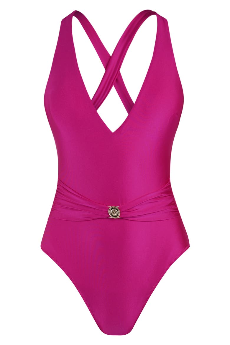 Lisa Shimmer Plunge One-Piece Swimsuit, Alternate, color, FUCHSIA