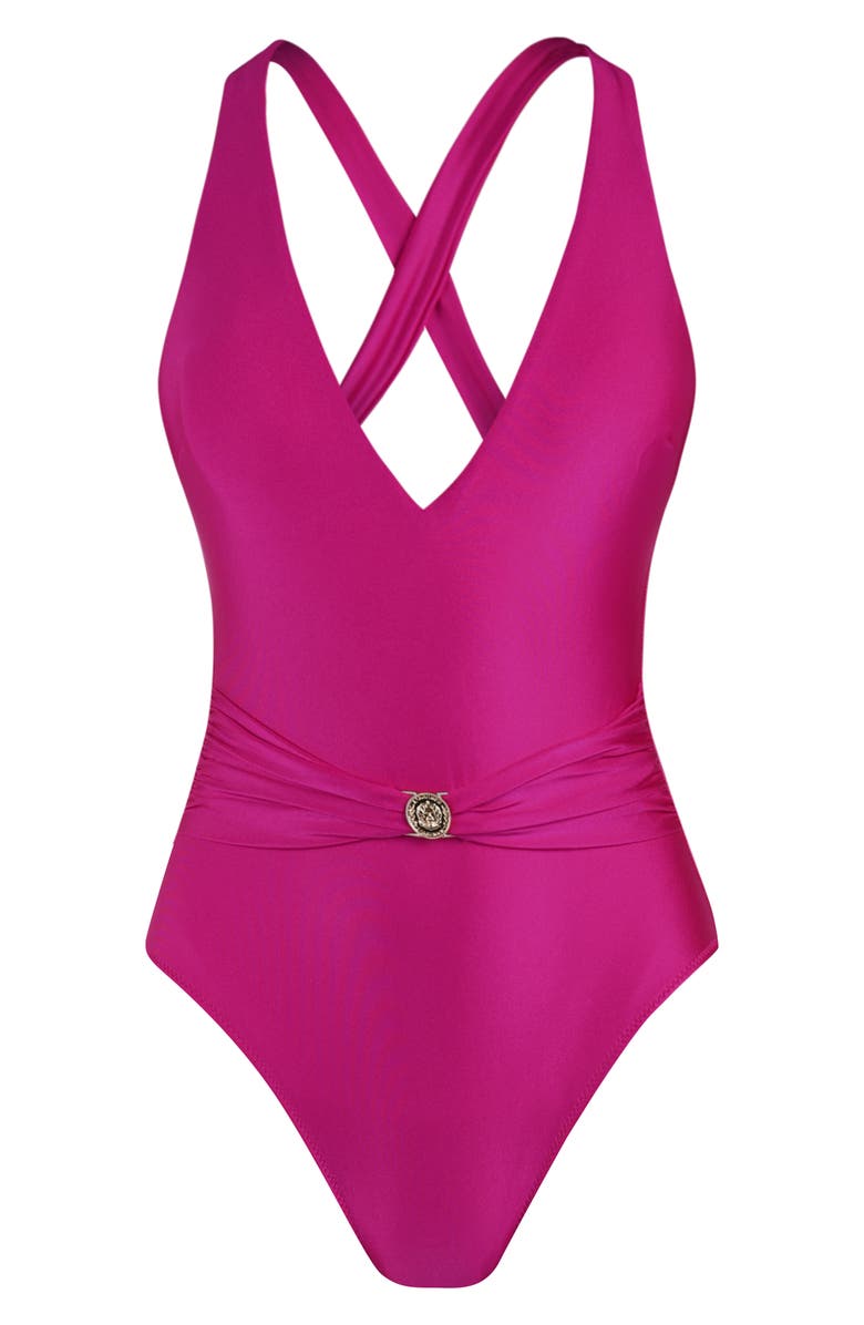 L'AGENCE Lisa Shimmer Plunge One-Piece Swimsuit, Alternate, color, Fuchsia