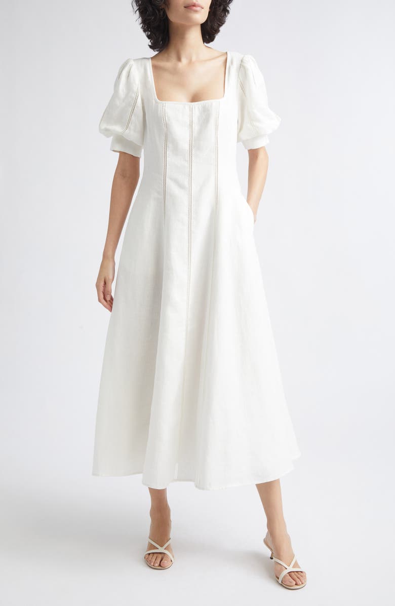 Reiss Riva Stitch Puff Sleeve Linen Midi Dress, Main, color, Ivory