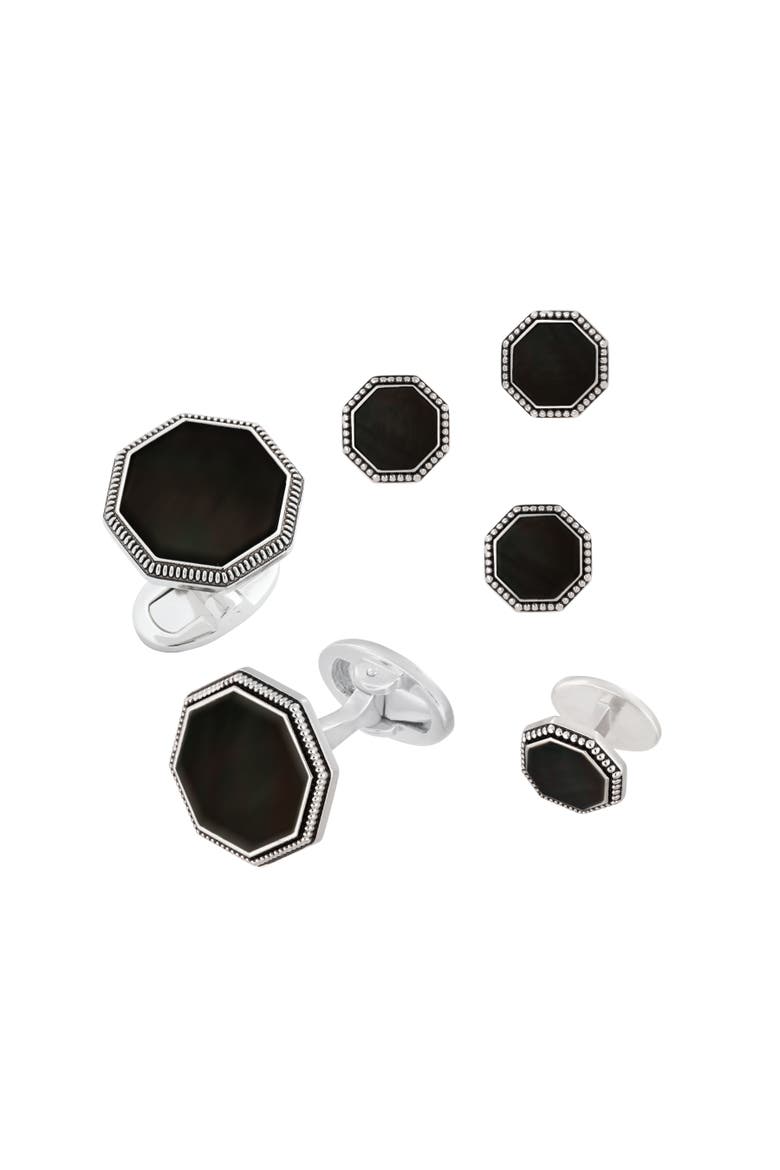 Octagon Antique Sterling Cufflinks & Studs, Main, color, BLACK