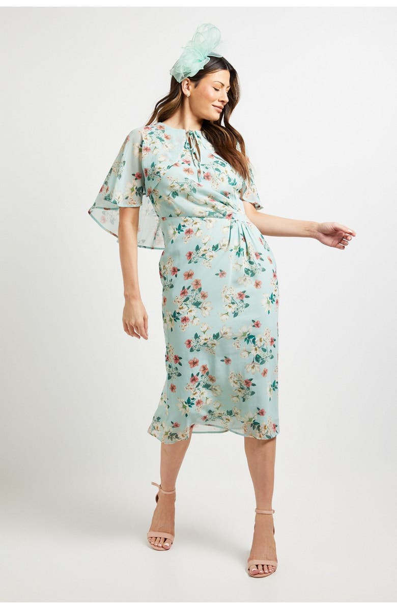 Wallis Cape Sleeve Ruched Midi Dress, Main, color, Sage