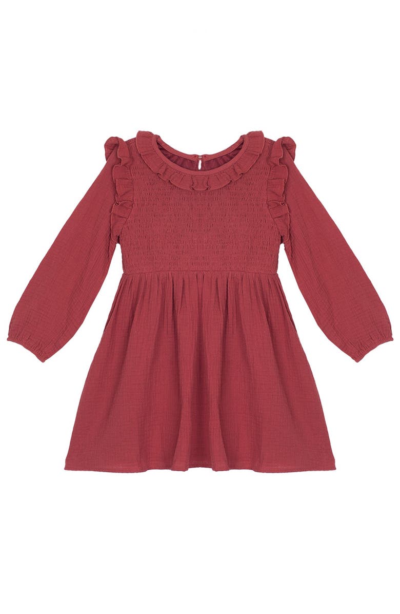 Mabel + Honey Mabel and Honey Toddler Red Textured Gauze Autumn Dress with Ruffle Collar and Sleeves., Main, color, Red