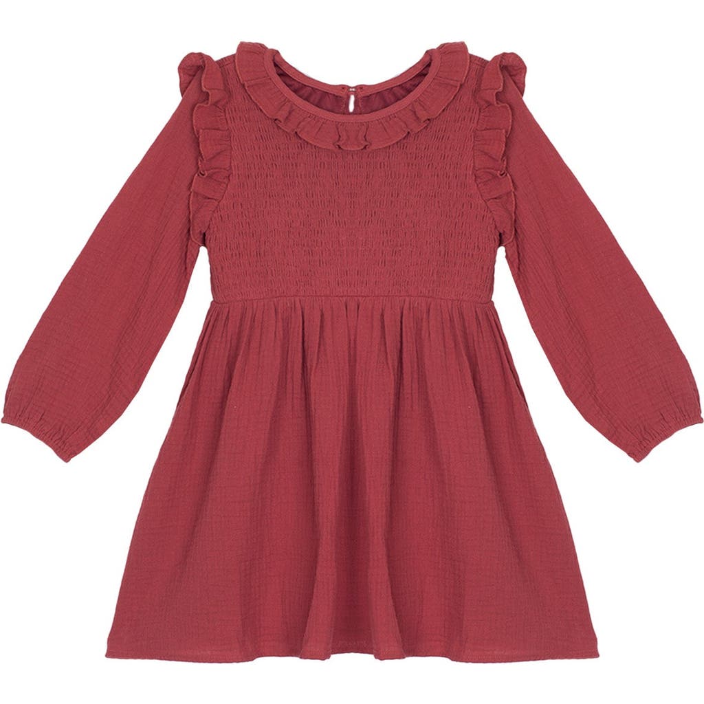 Mabel + Honey Babies' Mabel And Honey Toddler Red Textured Gauze Autumn Dress With Ruffle Collar And Sleeves