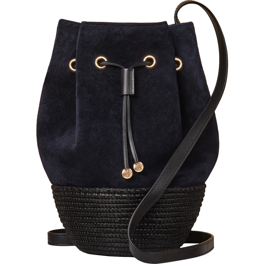Cesta Collective Suede And Sisal Drawstring Bucket Bag In Navy