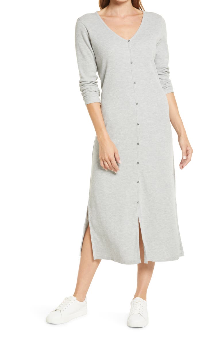 Caslon<sup>®</sup> Ribbed Front Button Knit Organic Cotton Blend Midi Dress, Main, color,