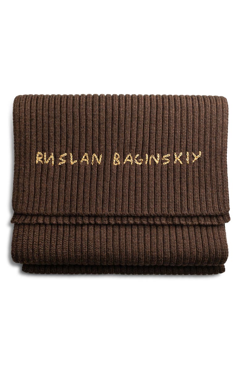 Ruslan Baginskiy Monogram Embroidered Merino Wool Scarf, Main, color, Brown