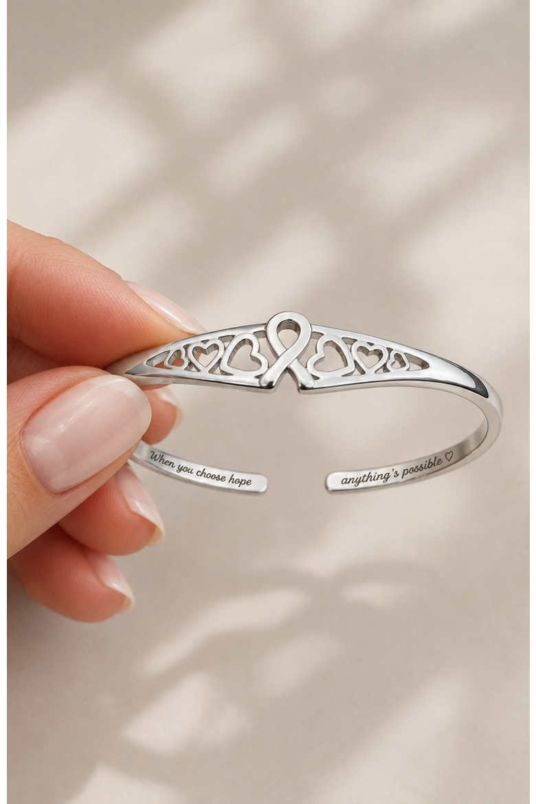 Choose Hope Cancer Awareness Heart Engraved Adjustable Cuff Bracelet, Alternate, color, Silver