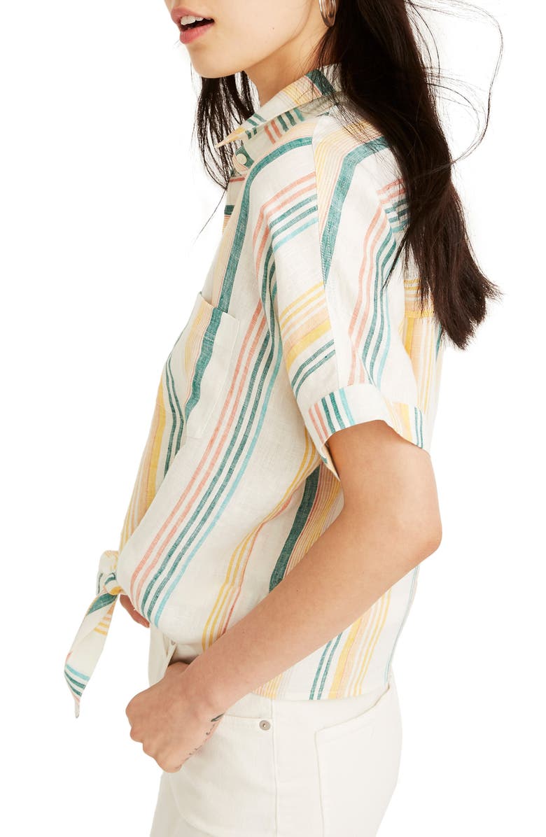 Madewell Pineapple Stripe Linen Tie Front Shirt, Alternate, color, 