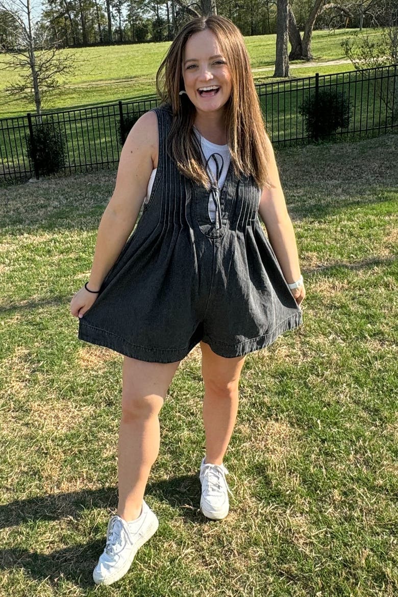 Deep V-Neck Pleated Front Tie Sleeveless Romper, Alternate, color, Charcoal Grey