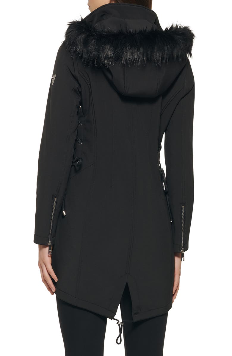 GUESS Faux Fur Trim Hooded Lace-Up Side Softshell Jacket, Alternate, color, 