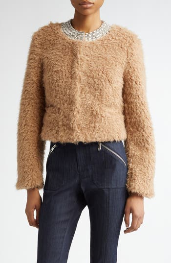 Cinq À Sept Christie Embellished Faux Shearling Jacket In Brown