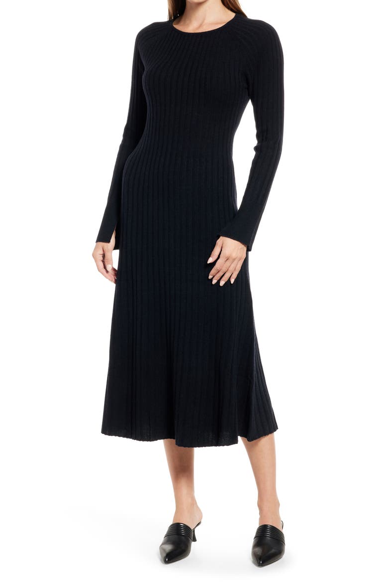 Rib Long Sleeve Midi Sweater Dress, Main, color, BLACK