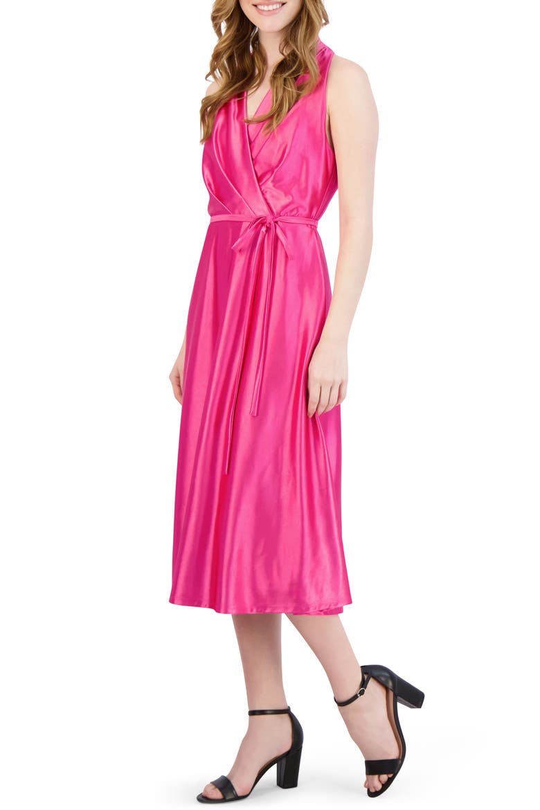 Halter Neck Satin Faux Wrap Midi Dress, Alternate, color, PINK