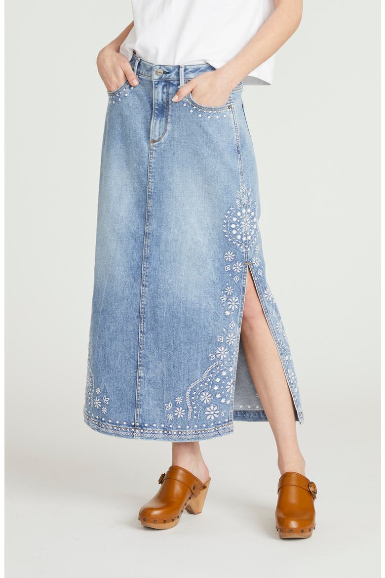 Svetlana Embroidered Denim Midi Skirt, Main, color, LIGHT WASH