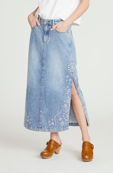Svetlana Embroidered Denim Midi Skirt