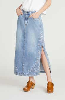 Svetlana Embroidered Denim Midi Skirt