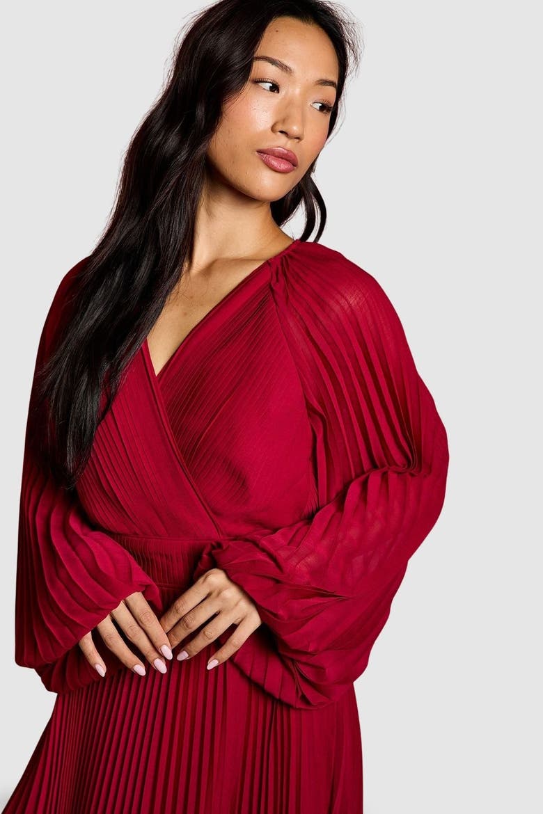 Long Sleeve Chiffon Wrap Midi Dress, Alternate, color, Berry