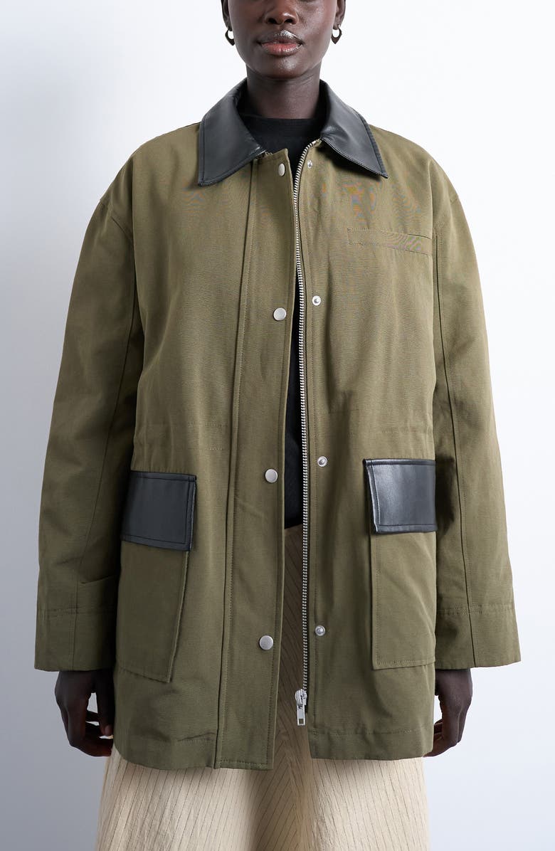 Topshop Mixed Media Shacket, Main, color, Dark Green