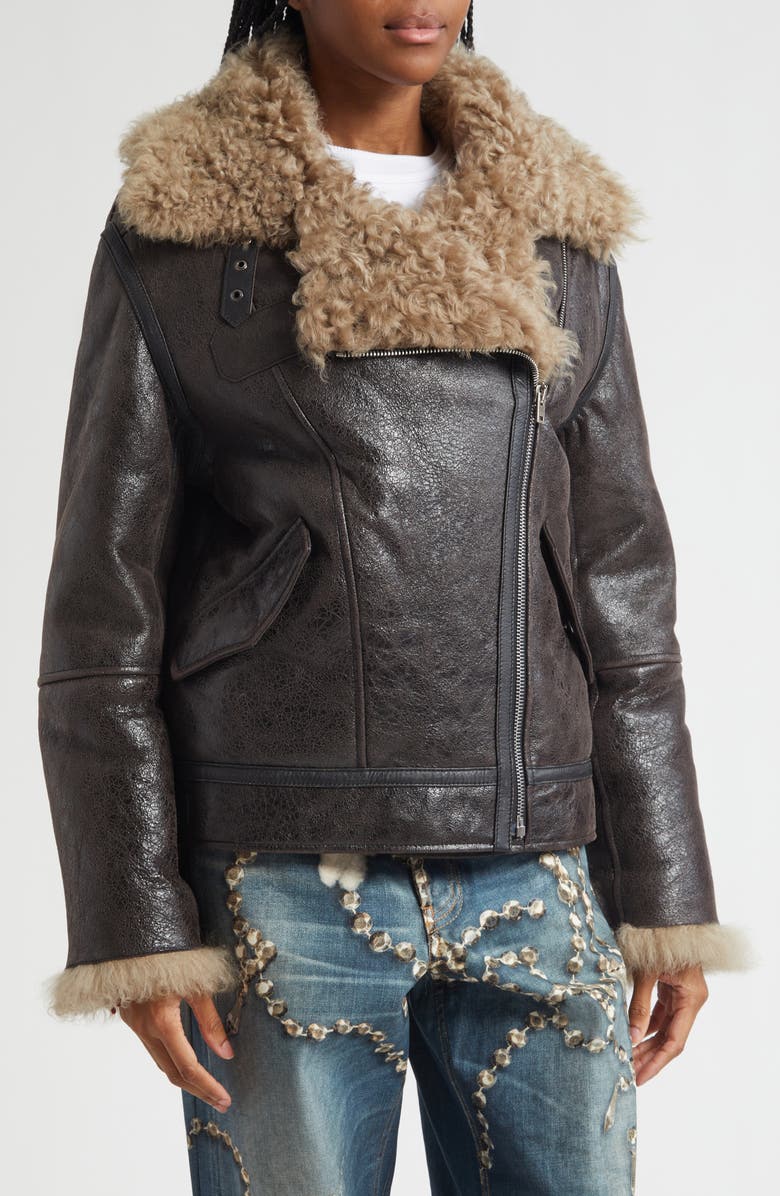 Acne Studios Luxy Genuine Shearling Lined Leather Aviator Jacket, Alternate, color, Dark Grey