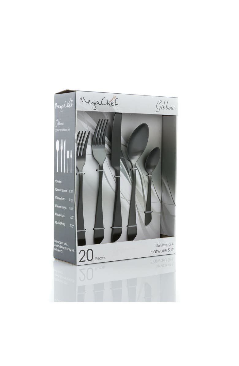 Megachef Gibbous 20 Piece Flatware Utensil Set, Stainless Steel Silverware Metal Service for 4, Alternate, color, Black