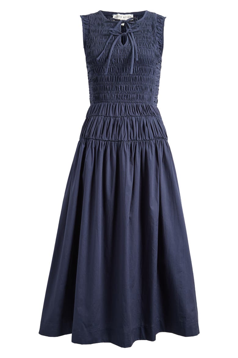 Tie Front Smock Waist Midi Dress, Alternate, color, NAVY