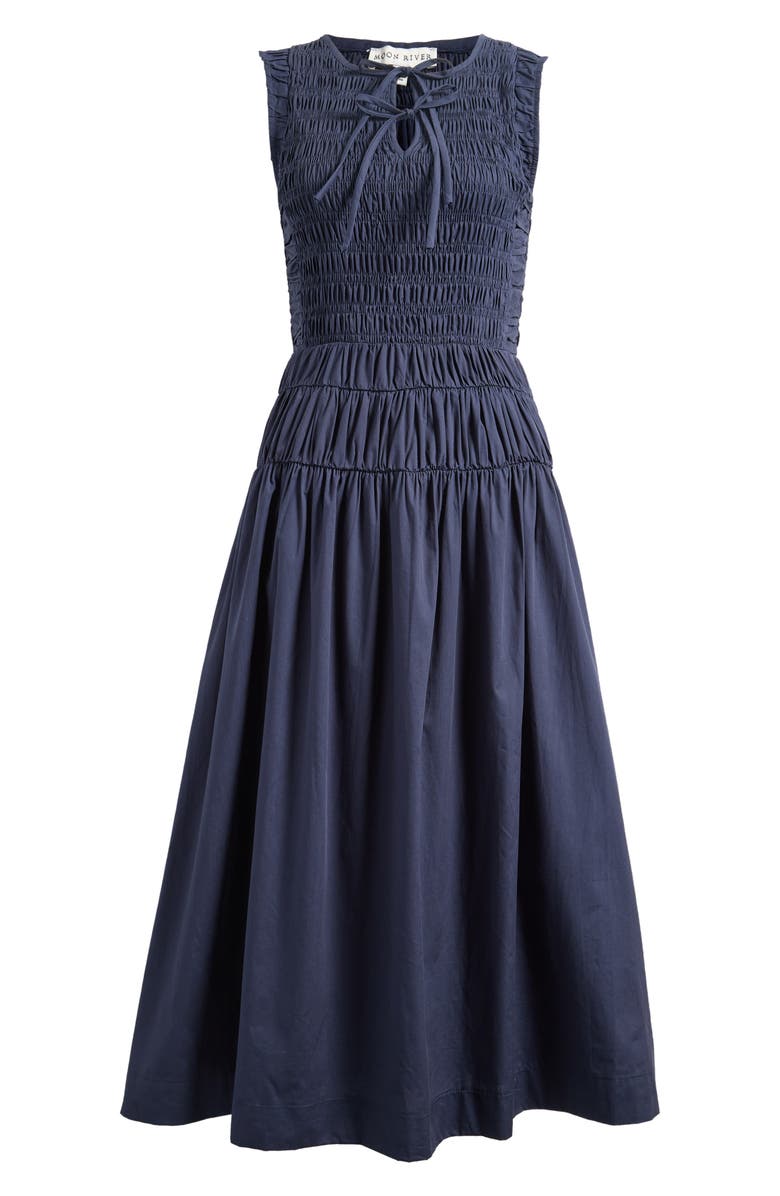 MOON RIVER Tie Front Smock Waist Midi Dress, Main, color, Navy