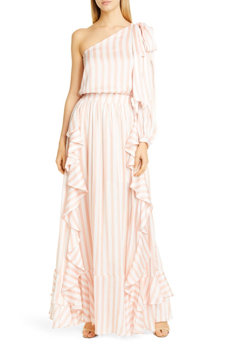 PatBO Cabana One-Shoulder Ruffle Gown, Main, color, PINK/ WHITE