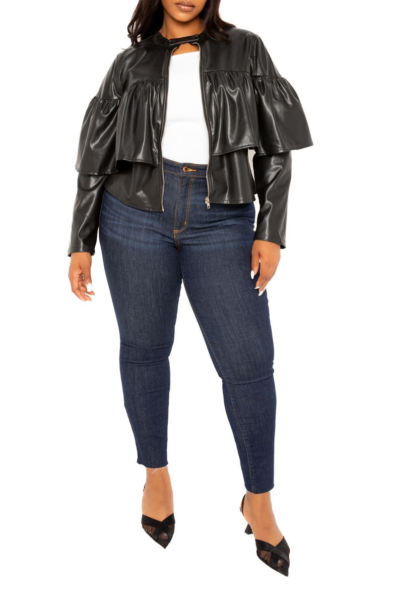 Ruffle Crop Faux Leather Jacket, Alternate, color, BLACK