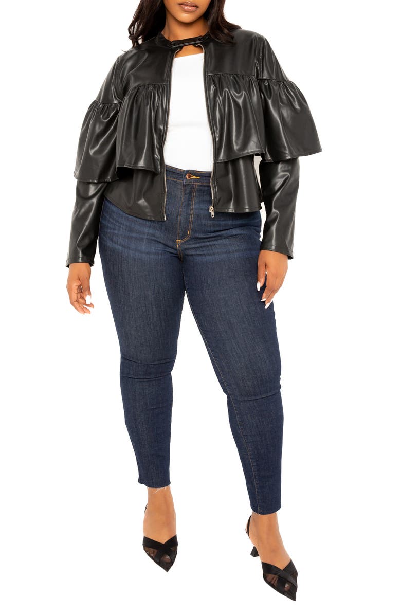 BUXOM COUTURE Ruffle Crop Faux Leather Jacket, Alternate, color,