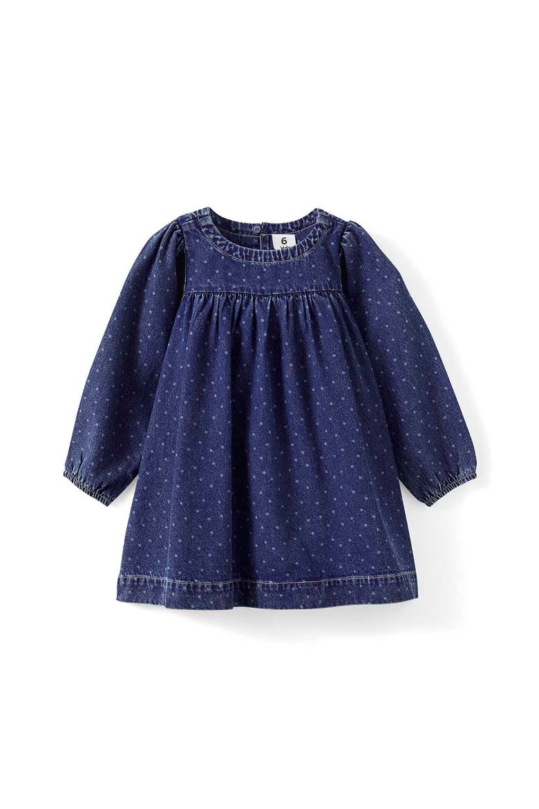 Kid's Long Sleeve Denim Yoke Dress, Main, color, Portsea Dark Blue Spots