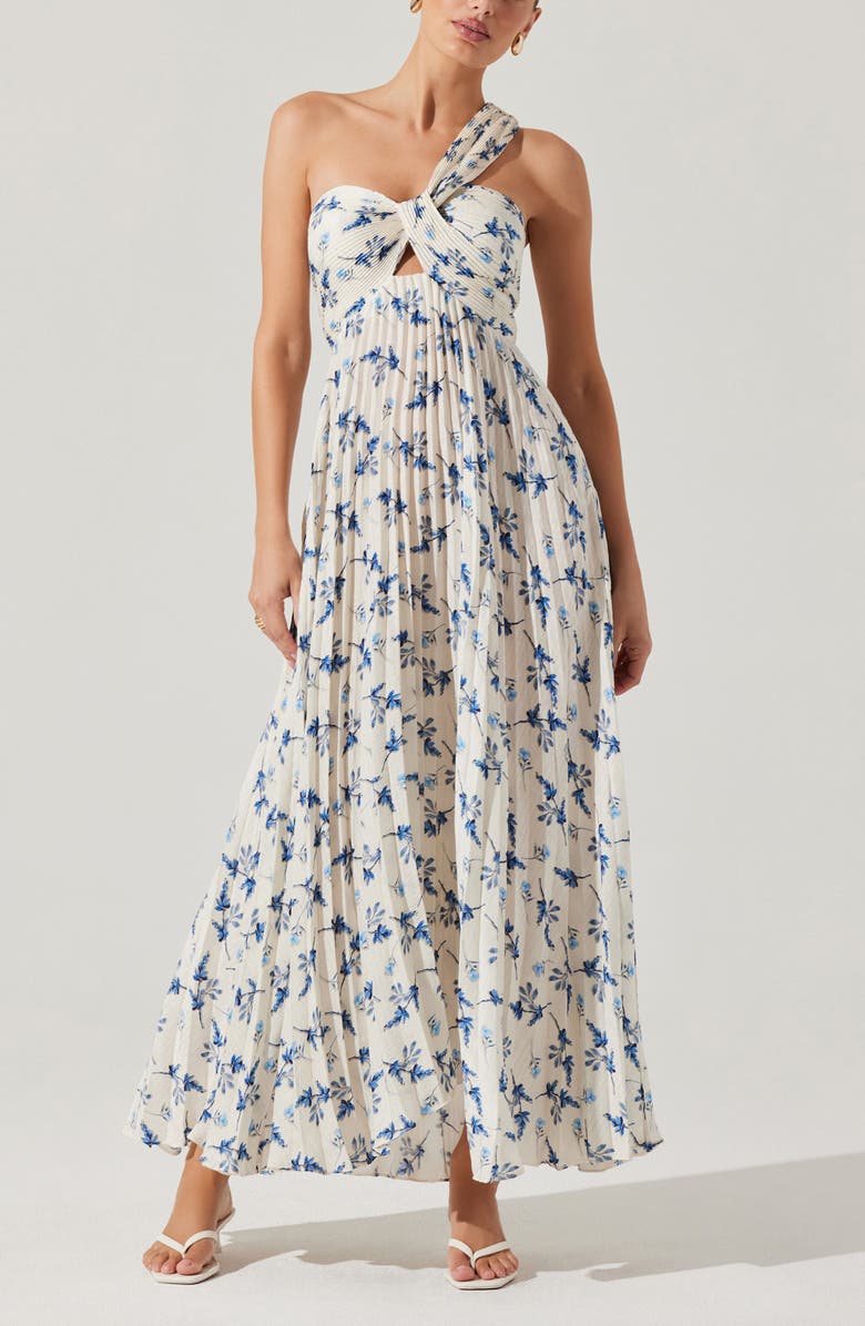 ASTR the Label Rasya Floral Pleated One-Shoulder Maxi Dress, Alternate, color, White Blue Floral