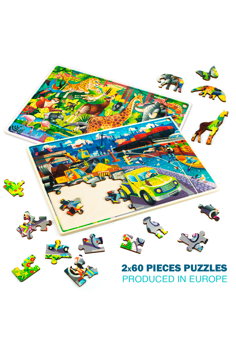 4x60 Piece Kids Wooden Jigsaw Puzzles, Alternate, color, Forest Bug Africa Vechicles