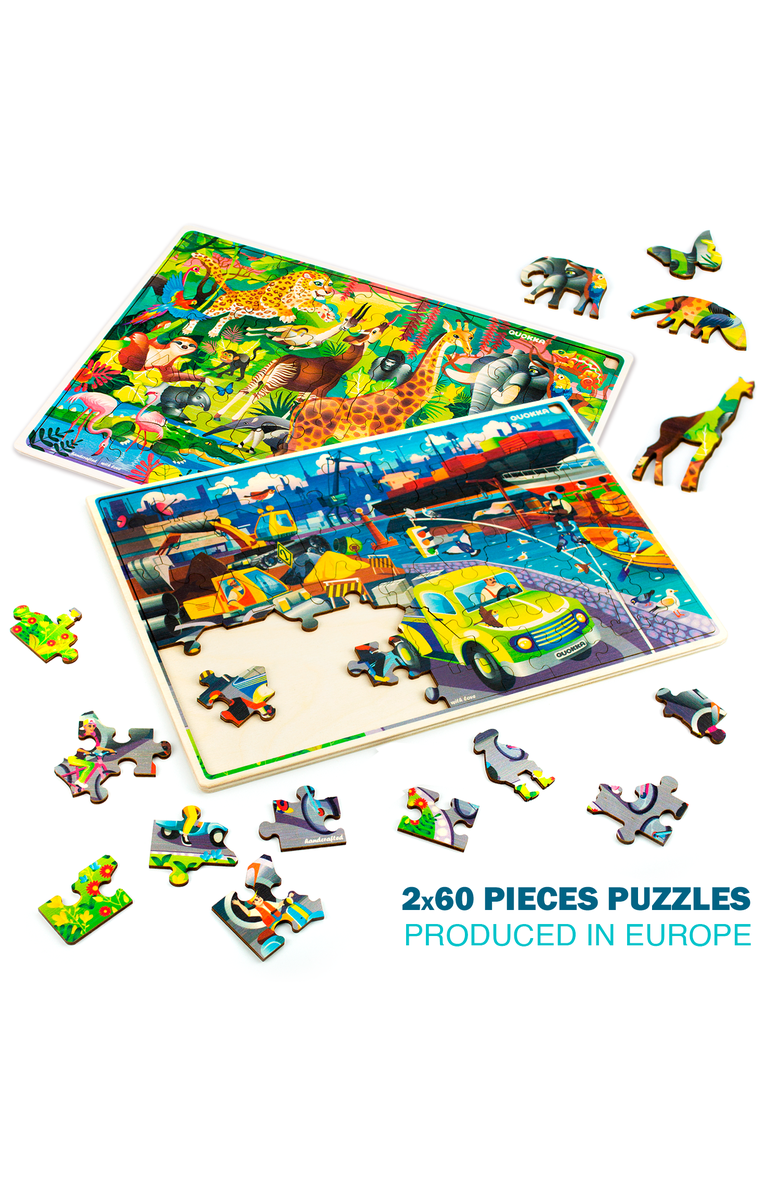 Quokka 4x60 Piece Wooden Jigsaw Puzzles for Kids, Alternate, color, Forest Bug Africa Vechicles