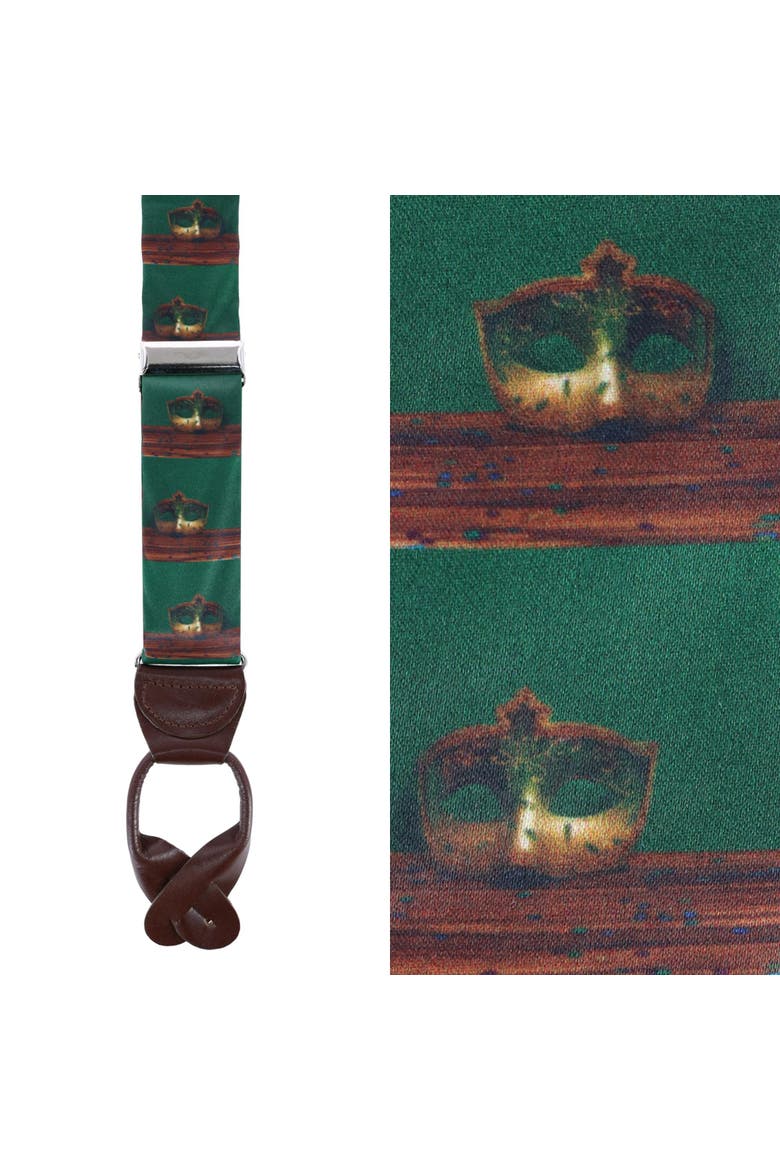 Secret Identity Mardi Gras Mask Silk Button End Suspenders, Main, color, Green