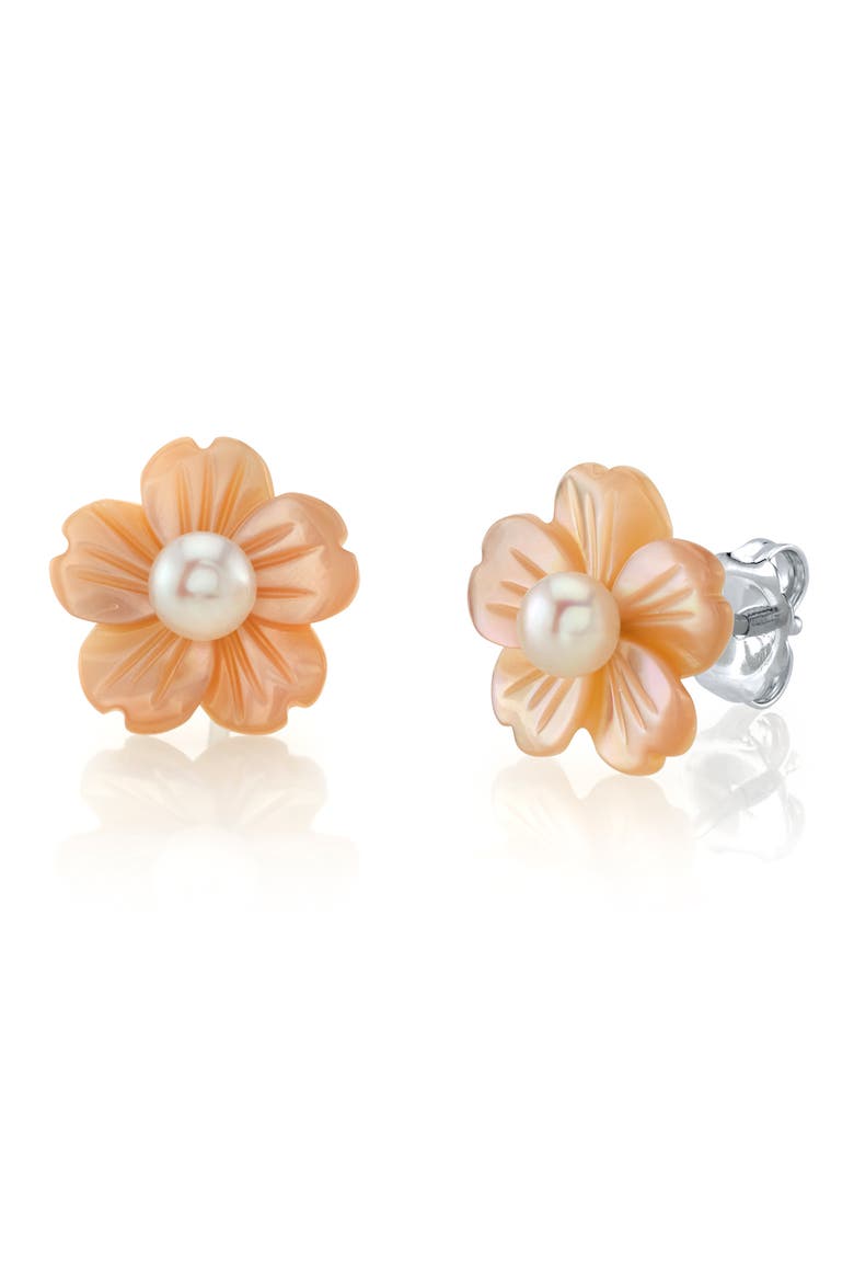 White Freshwater Button - Shape Cultured Pearl on Mother of Pearl Flower Lotus Earrings, Main, color, White and Coral
