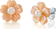 The Pearl Source White Freshwater Button - Shape Cultured Pearl on Mother of Pearl Flower Lotus Earrings