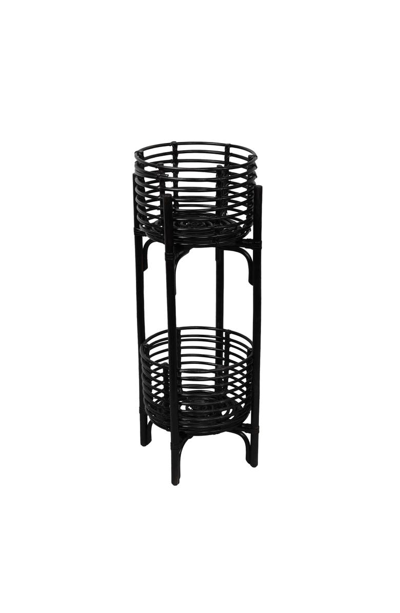 JONATHAN Y Zachariah 33.5" Bohemian Minimalist Handmade 2-Tier Rattan Indoor Planter Stand, Main, color, Black