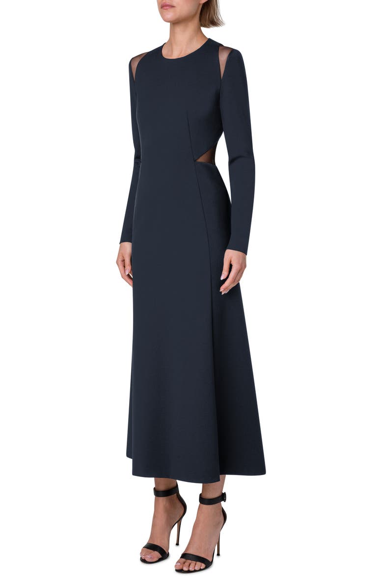 Akris Cutout Detail Long Sleeve Stretch Silk Midi Dress, Alternate, color, 179 Denim