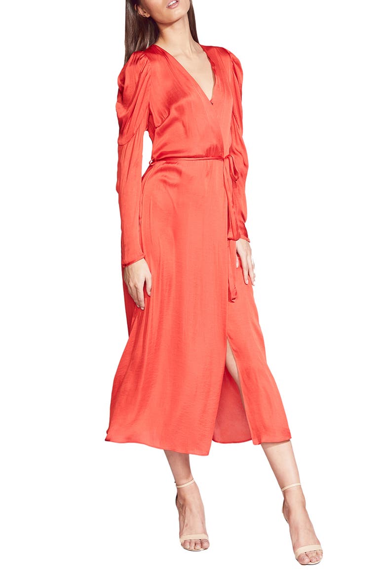 Alivia Long Sleeve Satin Faux Wrap Midi Dress, Main, color, FIRE RED