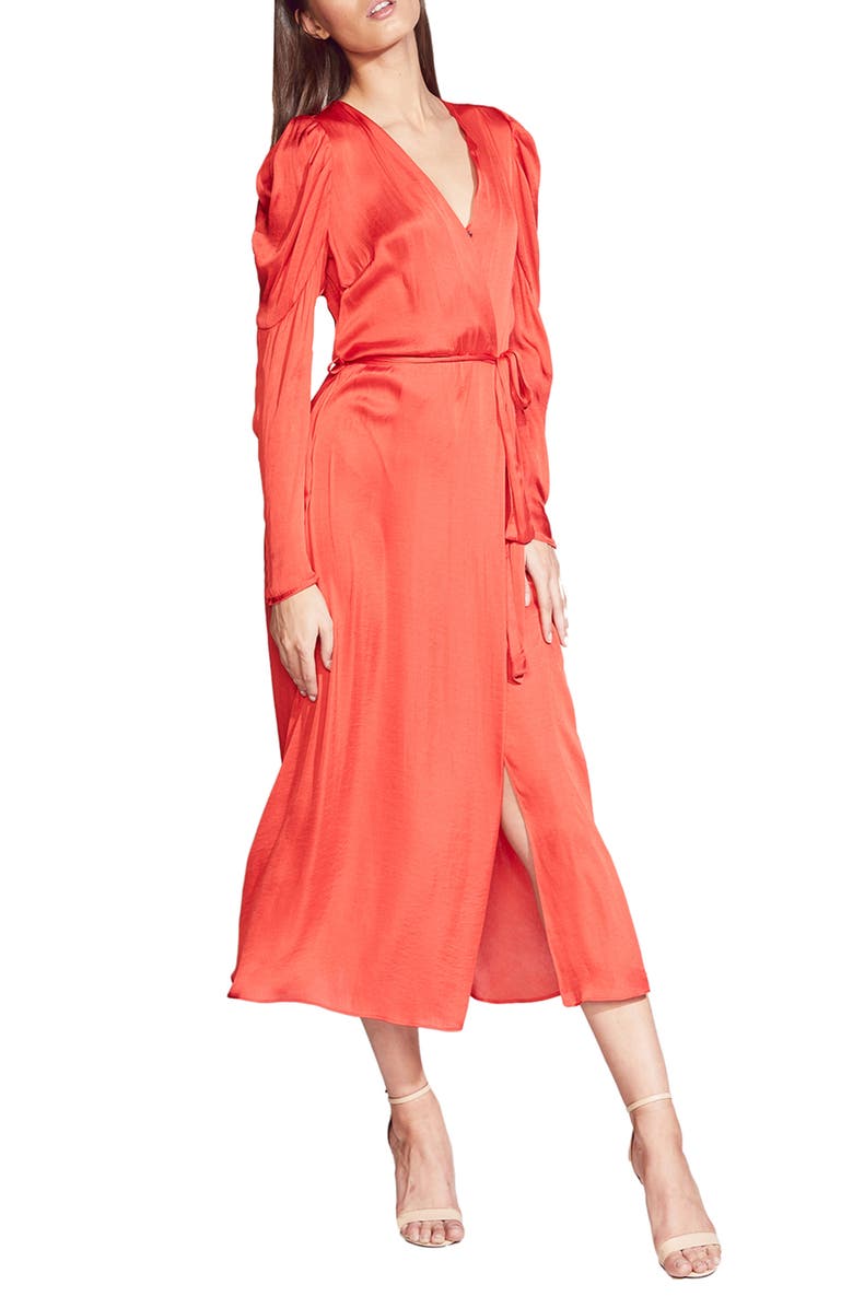 Bardot Alivia Long Sleeve Satin Faux Wrap Midi Dress, Main, color,