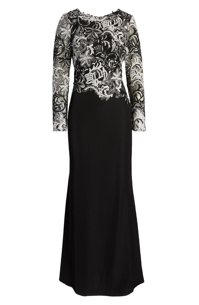 Tadashi Shoji Embroidered Long Sleeve Crepe Trumpet Gown, Alternate, color, 