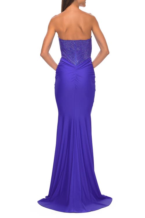 La Femme Sweetheart Rhinestone Fishnet Bodice Dress With Fitted Skirt In Royal Blue