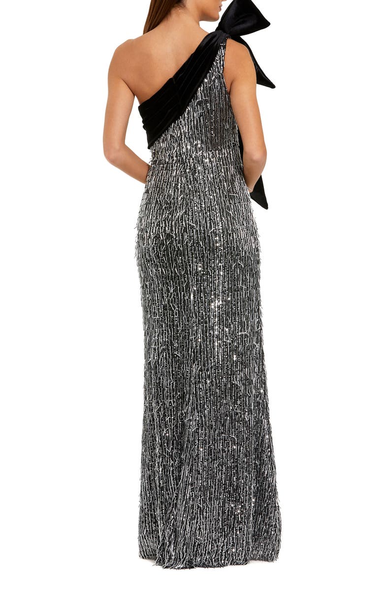 Mac Duggal One Shoulder Embellished Sequin Gown With Bow, Alternate, color, Black Silver