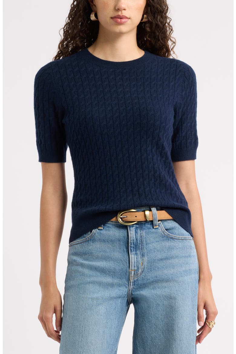 Cashmere Mini Cable Sweater Tee, Main, color, NAVY NIGHT